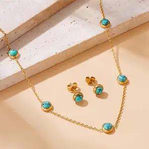 14K Gold Plated Turquoise Jewelry Set for Women - Dainty Turquoise Station Necklace & Stud Earrings, Boho Style, Perfect Gift for Her, Mom, Friend