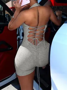 New Summer Women's Halter Backless Tie Waist Solid Color Slim Fit Sexy Versatile Babe Sleeveless Jumpsuit Bodysuit