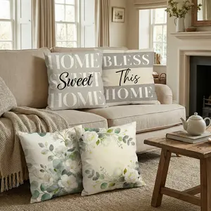 Neutral Home Quote & Eucalyptus Gold Floral Decorative Throw Pillow Covers Set of 4, Flower Botanical Porch Outdoor Pillowcase, Family is Everything Sofa Couch Cushion Case Home Decor 0201YC