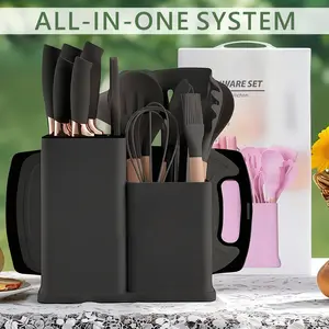 19-Piece Heat-Resistant Silicone Cutlery Set with Wood Handles, Non-Stick-Friendly Kitchen Gadget, Hanging Utensils, Easy to Cook and Clean, Ideal for Home Use,summervibes