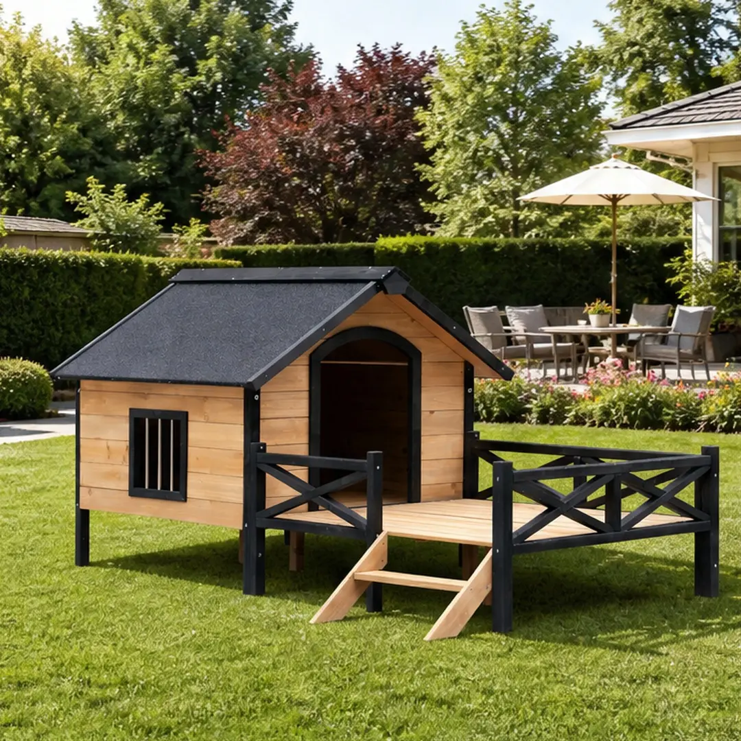 Outdoor Large Wooden Dog Kennel House with Porch for Extra Large Dogs, Fir Wood Construction, Water-Proof Paint, Multiple Color Options, Easy Assembly, Pet Shelter for Backyard Yard Use, Antique brown/Honey/Yellow Brown Color Options