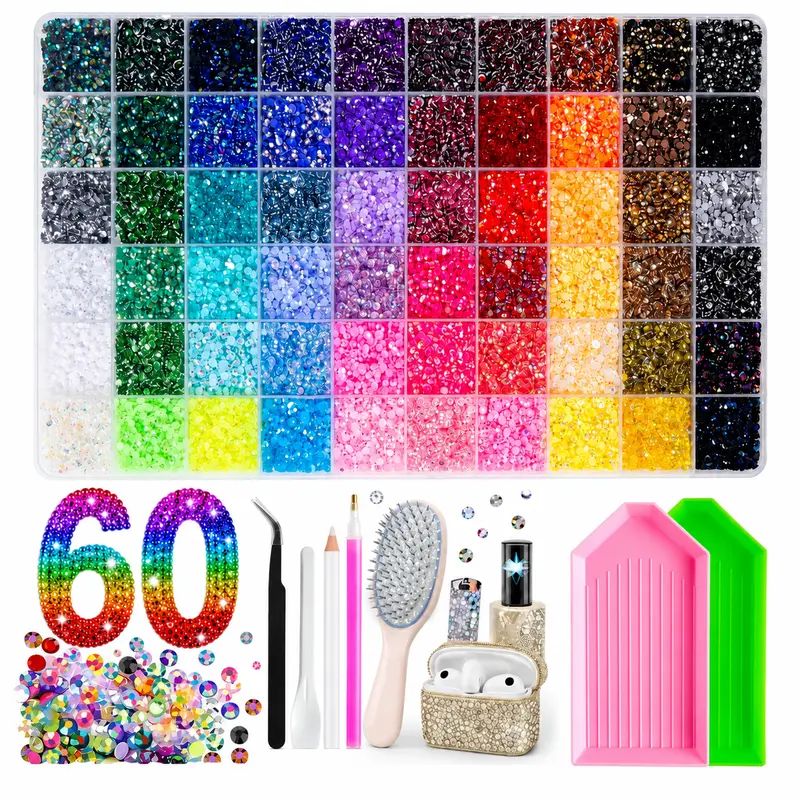 Bedazzling Kit 48000Pcs 60 Colors Resin Jelly Rhinestones, Multicolor 3mm Flatback Gems for Diamond Art, Bedazzler Kit with Tools - Christmas Birthday Gifts for Women