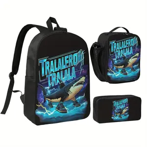 3pcs Tralalero Tralala Meme Italian Brainrot Backpack Set - Black Polyester, Zipper Closure, Machine Washable, Fashionable Pencil Case & Bun Design, Fashionable Backpack | Playful Design | Zippered Backpack