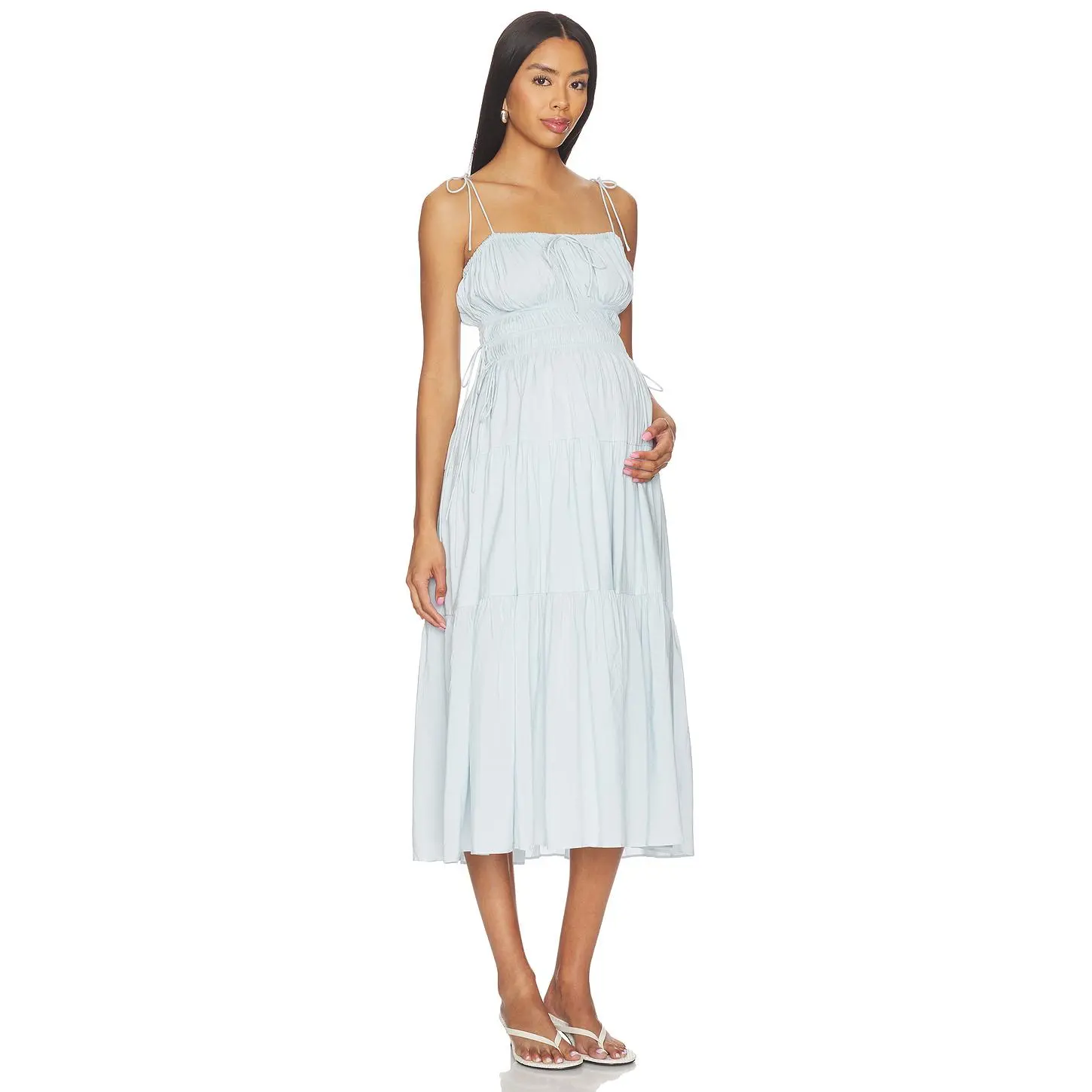 BUMPSUIT Shirred Midi Poplin Dress in Ice Blue
