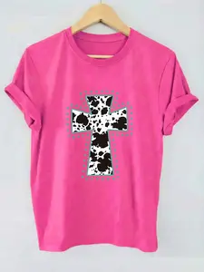 Women's Spring Summer Casual Fitted Round Neck Short Sleeve Fashion Printed T-Shirt, Breathable Easy Care Stretch Polyester, Perfect for Daily Wear