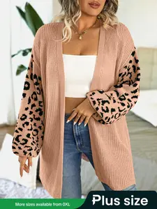 Plus Size Leopard Print Drop Shoulder Split Hem Fitted Longline Cardigan, Casual Long Sleeve Open Front Knitwear for Spring & Fall, Gift Set, Gift Ready for Women, for Daily Wear & Christmas