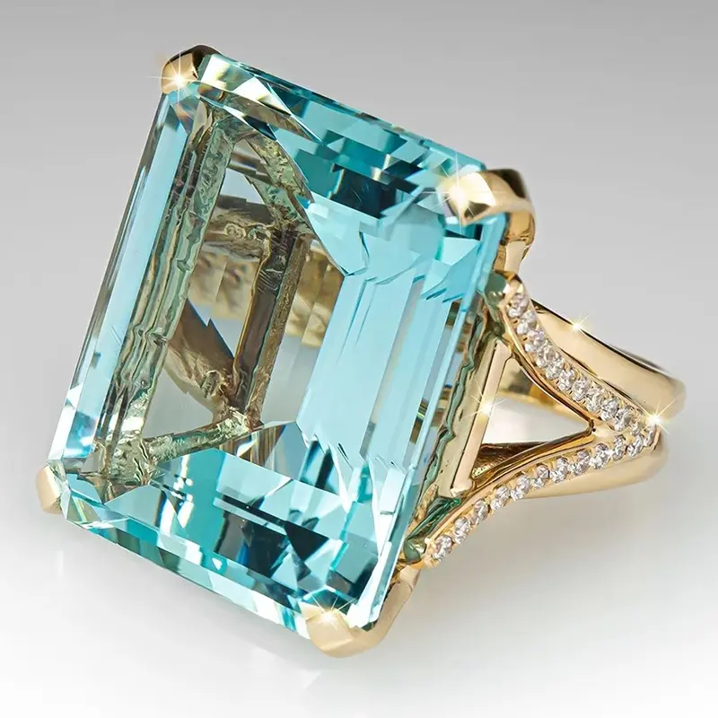 Women's Luxury Blue Emerald Cut Statement Ring - Crystal Cocktail Party Ring with Sparkling Gold Band, Female Wear Costume Jewelry,Suitable for parties,Christmas and Halloween,festivals, gifting, and daily wear, Elegant Look, Sizes 6–10, Fashion, All Seas