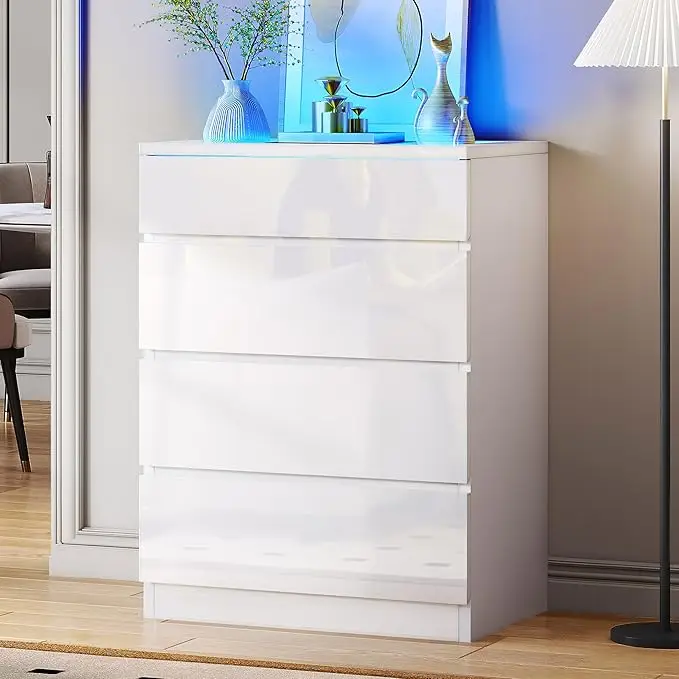 DWVO 4/8 Drawer Dresser with LED, White Dresser, Modern 4 Chest of Drawers with Deep Drawers Tempered Glass Top High Gloss Surface, Divider Storage Or