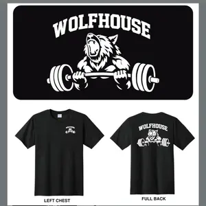 Wolfhouse Men's T-Shirt - Black with Wolf and Barbell Design, Regular Fit, Short Sleeve, Casual Style