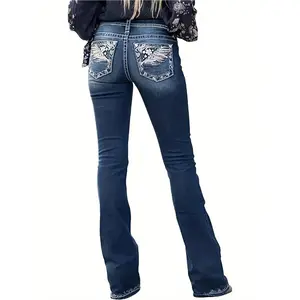 Women'S Jeans Flower Embroidery Mid Rise Stretchy Bootcut Slim Wide Leg Pants