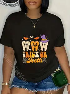 100% Cotton Unisex Trick Or Teeth Halloween Costumes Dental Assistant Dentist T-Shirt Vingate Printed Casual Round Neck T shirt