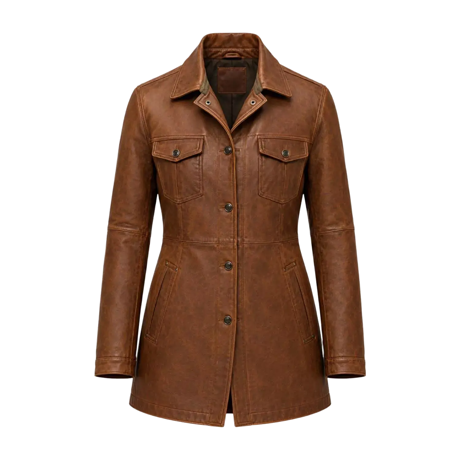 Women’s Brown Leather Workwear Coat | Vintage Button Front Utility Jacket
