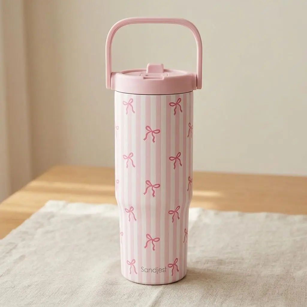 SANDJEST Pink Coquette 30oz Stainless Steel Straw Lid Tumbler with Carry Handle, Insulated Travel Cup, Cup Holder Friendly Gift for Women Girls