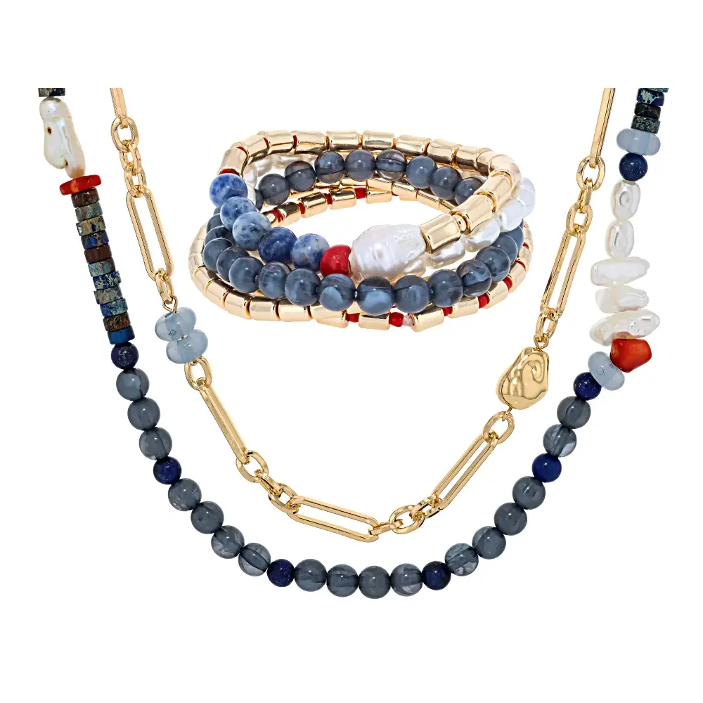JTV Unisex Artificial Gemstone Beaded Jewelry Set - Multi-Color Acrylic Bead Multi-Row Necklace, Stretch Bracelet, Synthetic Color Block Gems, Off Park, for Daily Layered Look, Ladies Casual Wear