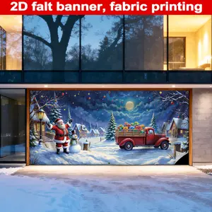 Christmas Garage Banner, Durable Polyester Material, Santa Claus with Snowman, Truck Full of Gifts, Festive Decoration for Garages