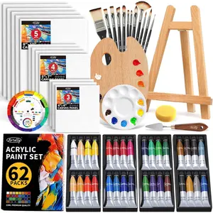 Acrylic Paint Set for Adults  Kids, 62 Pcs Canvas Painting Kits, 32 Colors Acrylic Paint (22ML),Table Easel,Brushes,Canvas, Art Painting Supplies Kit for Students,Artists,Beginners