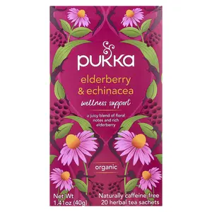 Pukka Herbs Organic Herbal Tea, Elderberry & Echinacea, Caffeine Free, 20 Sachets, 1.41 oz (40 g)