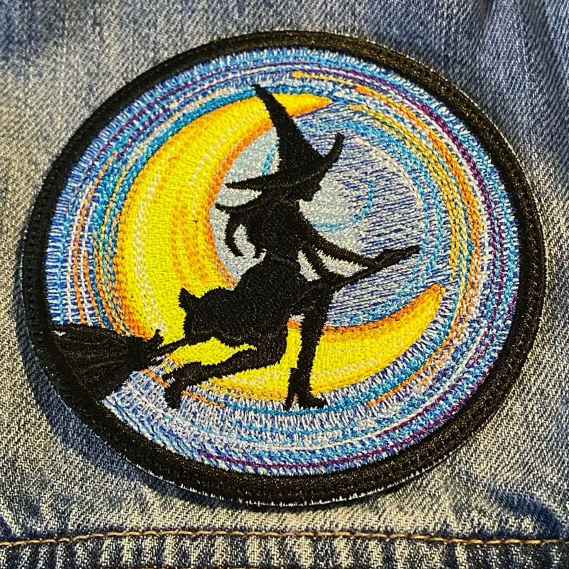 Magic Theme Sewn Embroidery Patch - 3.9in Diameter Witch Motif Artistic Depiction, Iron-On-Sew-On Hook Backing Fabric Base Embroidery Patch, for Witchcraft Sewing Projects & Bag Enhancement, Embroidery Patches
