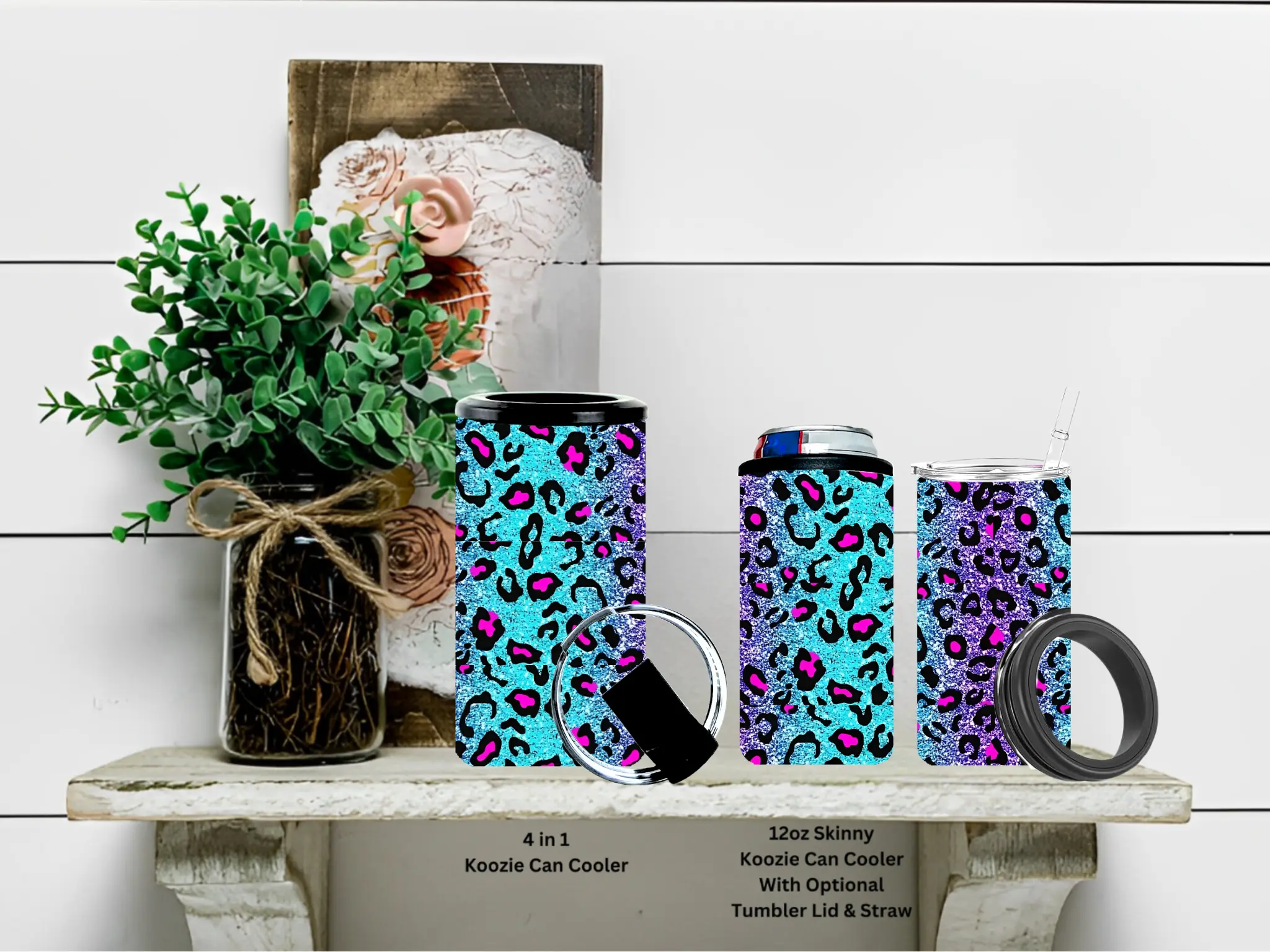Glitter Leopard Ombre Skinny or 4 in 1 Koozie Can Cooler