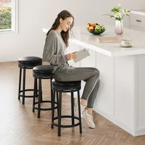Set of 2 Swivel Bar Stools, 24 inch Counter Height Backless Bar Chairs, Luxe Round PU Leather Upholstered Seat with Sturdy Metal Frame, Modern Farmhouse Decor for Kitchen Island Home Bar, Brown & Black