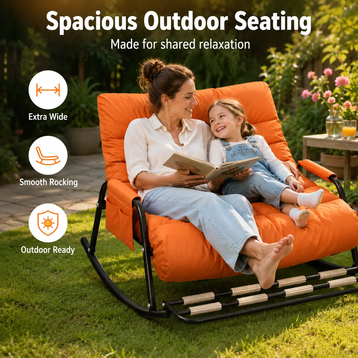 Extra Wide High Back PU Leather Rocking Floor Chair with Adjustable Back, Footrest Massage Rollers, Stain-Water Resistant Tufted Cushion, Padded Armrests, Side Pocket, Sturdy Metal Frame for Reading, Living Room