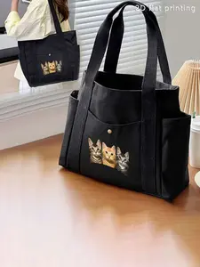 Cute Three Cats Pattern Fun Graphics Large Capacity Tote Bag, College Style Shoulder Bag, Zipper Closure, Durable, Casual for Work Commuting School
