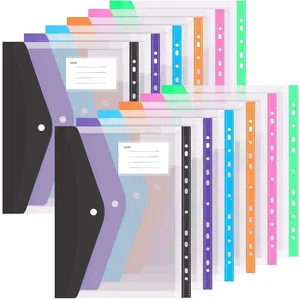 12 A4/letter Size Binder Pockets, Transparent Plastic Envelopes, Expandable 11-Hole Design, Office, School, Home Use, Includes Clips and Labels
