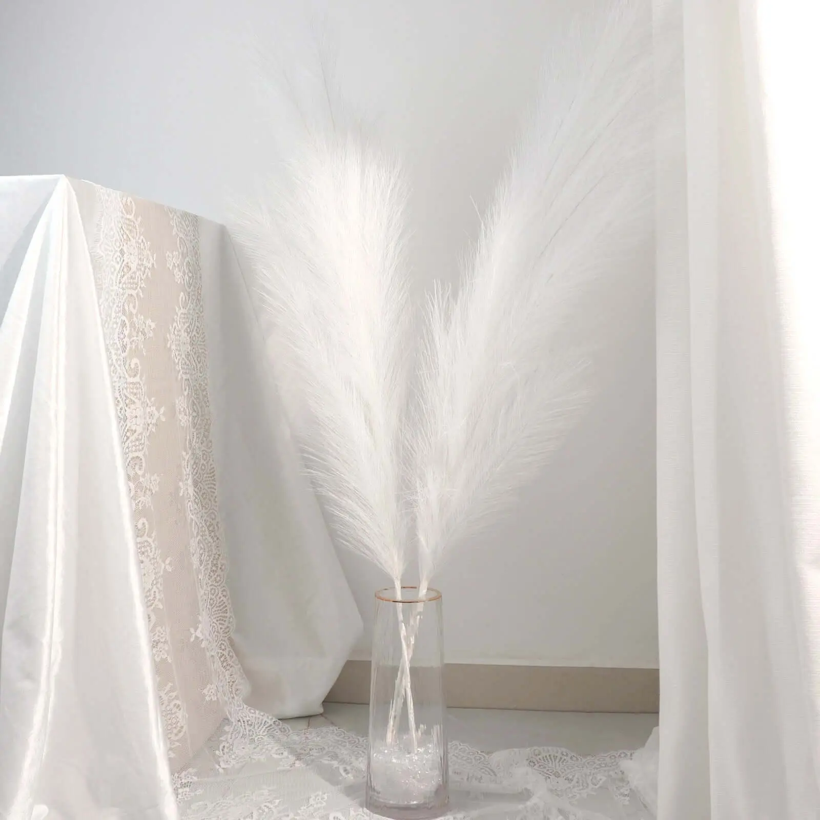 3 Stems Artificial Pampas Grass Decor White - Soft Realistic Faux Ornamental Grass Branches for Rustic Boho Chic Backdrops Floral Styling & Vase Displays 44"