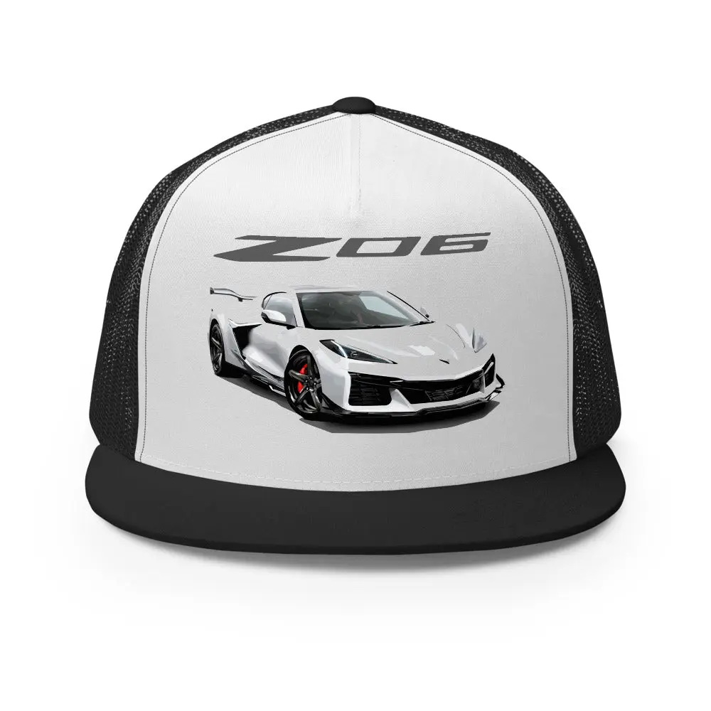 Arctic White C8 Corvette Z06 Hat – 5 Panel Trucker Cap with Front View Car Graphic for Chevy Fans