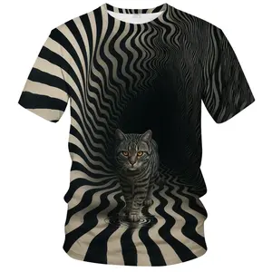 Unisex 3D Optical Illusion Cat & Wavy Stripes T-Shirt - Unique Fashion for Adults, Ideal for Casual Outings, Halloween, or Cat Enthusiast Gifts
