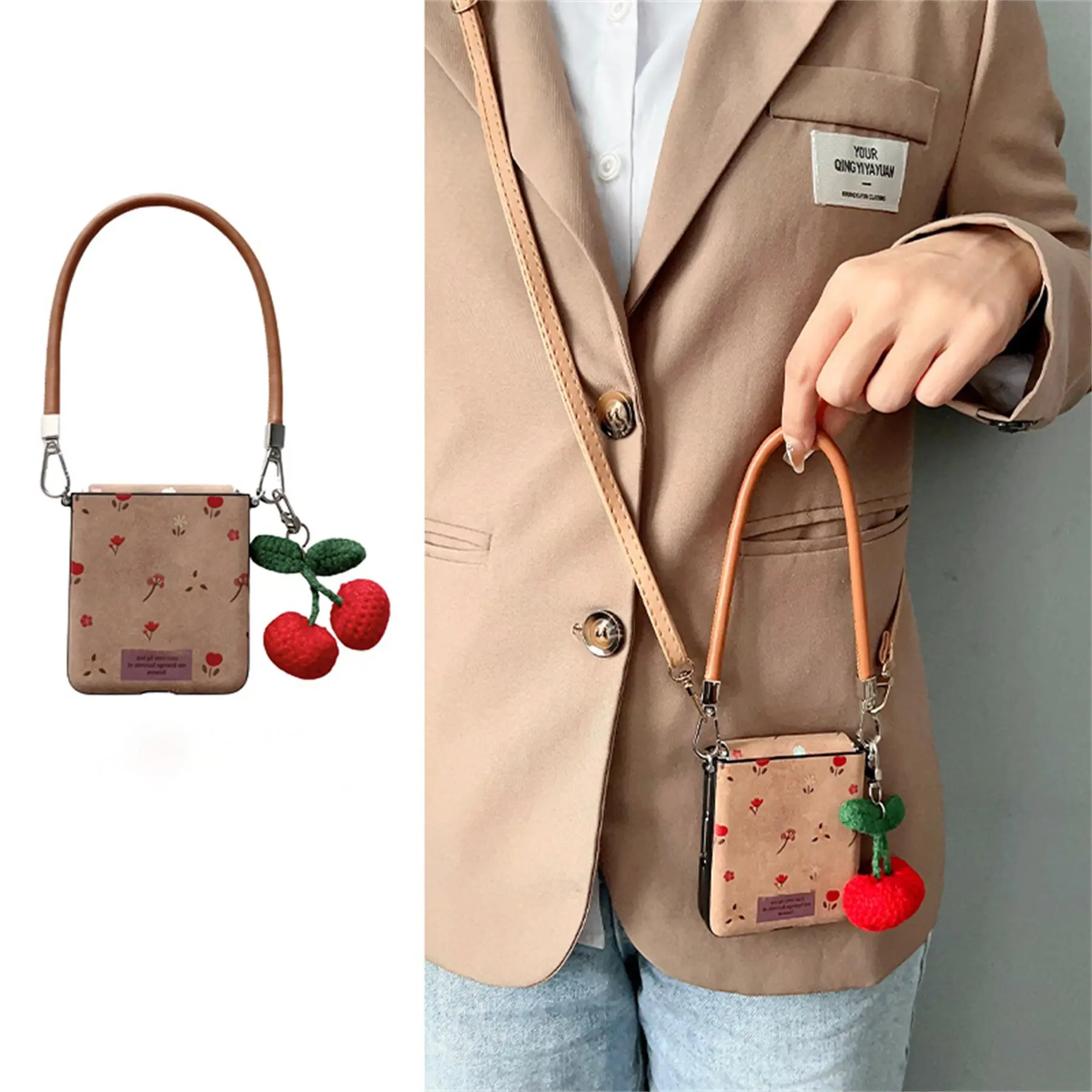 Cute Floral Flower Cherry Pendant Phone Case with Leather Strap for Samsung Galaxy Z Flip 5 6 Z Flip6 ZFlip 7 FE Zflip6 Cover