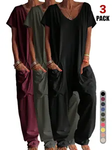 2026 Women's Casual Jumpsuit, Short-Sleeve V-Neck Harem Pants, Loose Fit Wide Leg, Perfect for All Seasons, Stylish & Comfortable