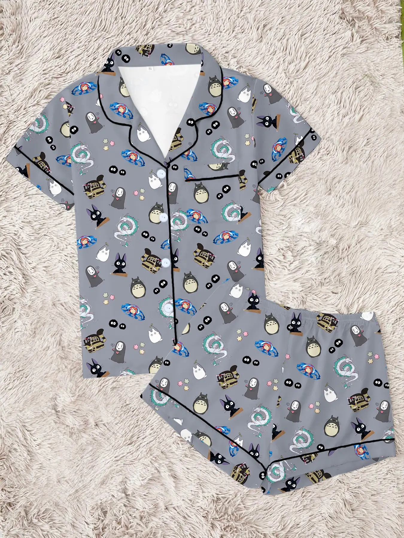 Healing Forest Spirit，Coastal Girl & Fish，Magical Girl & Black Cat，Mysterious Faceless Deity ，Women's Pajama Set, Comfortable Two-Piece Sleepwear, Short Sleeve Button-Up Top & Elastic Shorts, Casual Fitted Nightwear Home Wear, Party Gift