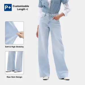Mid-high Rise Wide Leg Jeans for Women High Stretchy Baggy Jeans BBL Loose Fit Tummy Control Denim Pants All Season Casual Holiday Raw Hem Distressed Pants Womenswear Bottom Comfortable Denim Jeans