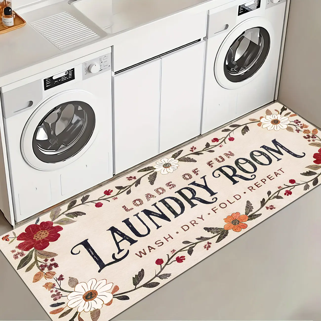 1 Pc Watercolor Floral Laundry Room Rug Soft And Comfortable Long Strip Carpet Printed Mat Anti Slip Floor Mat Suitable For Kitchen Living Room Bedroom Sink Laundry Room Decoration Carpet Mat Flowers Home Care Supplies Household Items