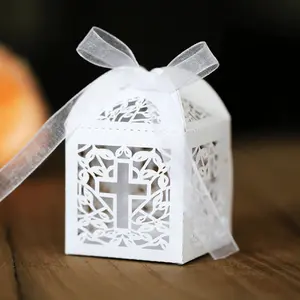 25pcs Elegant Laser-Cut Cross Candy Gift Boxes with Ribbon - Pearl Paper Party Favors for Weddings, Birthdays, Baptisms, and Special Occasions, Gift Wrapping Supplies