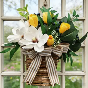 Realistic Magnolia Tulip Set, Spring Summer Floral Basket Door Ring, Suitable for Front Door Window Garden Patio Fence