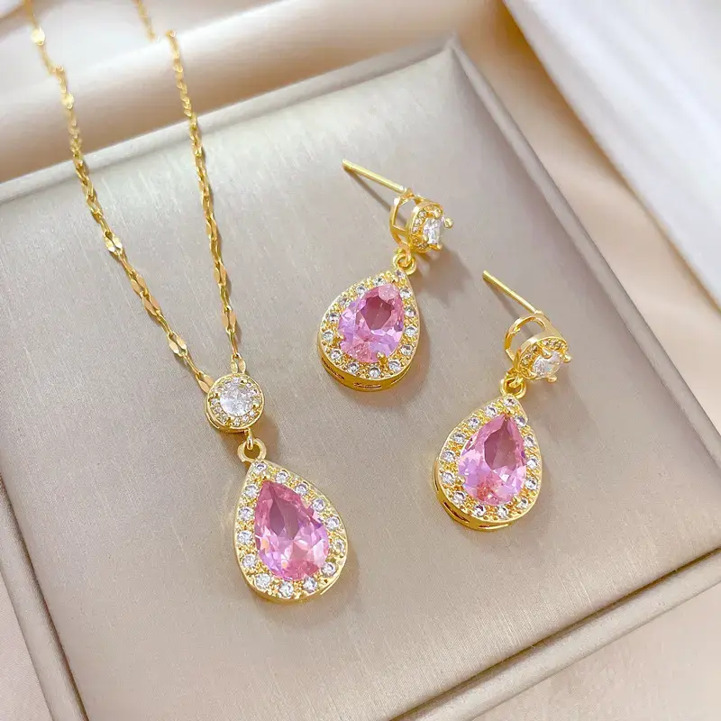 Pink Water Drop Jewelry Set, Light Luxury Necklace and Earrings Suite Micro Inlaid Fashion Earrings Necklace