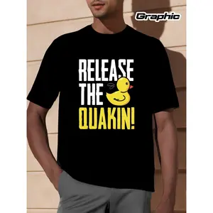 Men's Classic Short-Sleeve Crew Neck Cartoon T-Shirt - White & Black Playful Rubber Duck "Release the Quacking Sound" Graphic Top, Casual Menswear Outfits Inspo, Love-Themed T-Shirt
