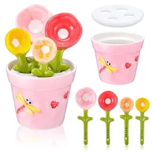 Five-Piece Ceramic Butterfly and Flower Measuring Spoons Set, Four Different Sizes with Base, Creative Kitchen Tool Kit for Baking
