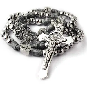Large and Heavy Stainless Steel Beads Rugged Durable Paracord Rosary Necklace for Men with St.Michael Center Piece and St.Benedict Crucifix