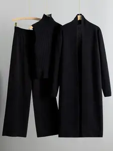 Trendy Knit Turtle Neck Tank & Wide Leg Trousers With Open-Front Long Cardigan Three-Piece Sets