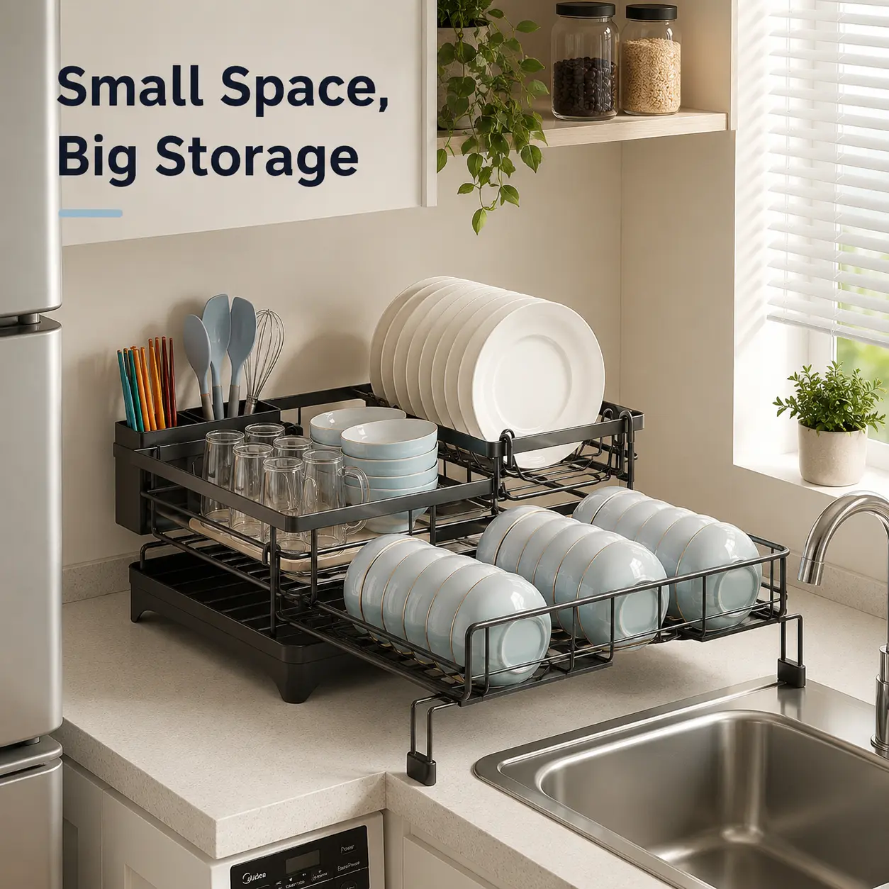 2-Tier Kitchen Dish Rack, Foldable Pull-Out Dish Drainer with Cup Holder and Cutlery Basket for Plates, Bowls and Utensils