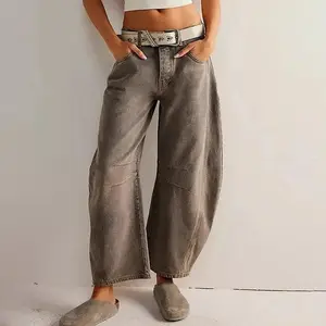 High Stretch Mid-Rise Barrel Jeans Fashion Wide Leg Shape Women Casual Baggy Mid Waist Denim Jeans