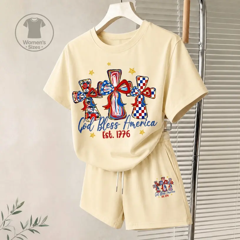 Women's God Bless America 250 Years America Graphic Short Sleeve T-Shirt And Shorts Set, Casual Summer Two-Piece Outfit With Crew Neck Top And Drawstring Waist Shorts For Daily Wear