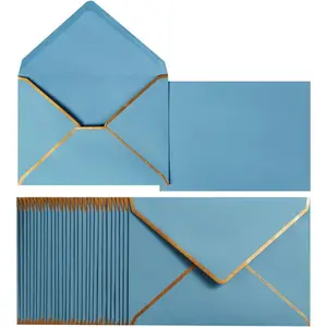 50 Pack A7 Dusty-Blue 5 x 7 Self-Adhesive V Flap Envelopes with Gold Border for Office Greeting Card Wedding Graduation Baby Shower Parties Invitations