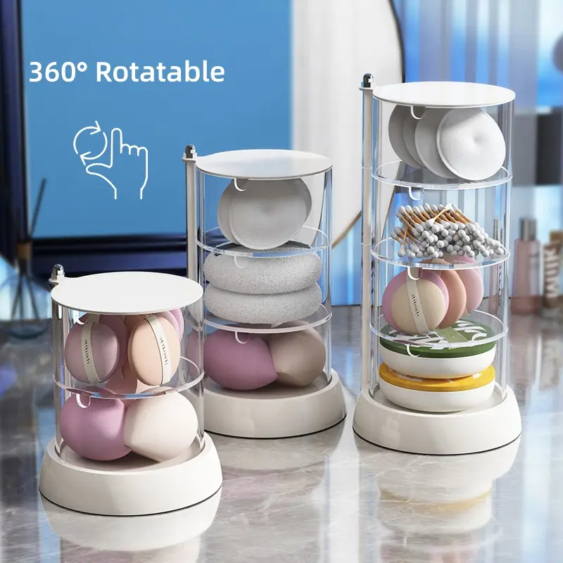 Clear Multi-layer Dustproof Makeup Sponge Storage Holder, Rotatable Cosmetic Organizer for Home Bedroom, Plastic Dustproof Storage Container, Summer Daily Supplies-MM1