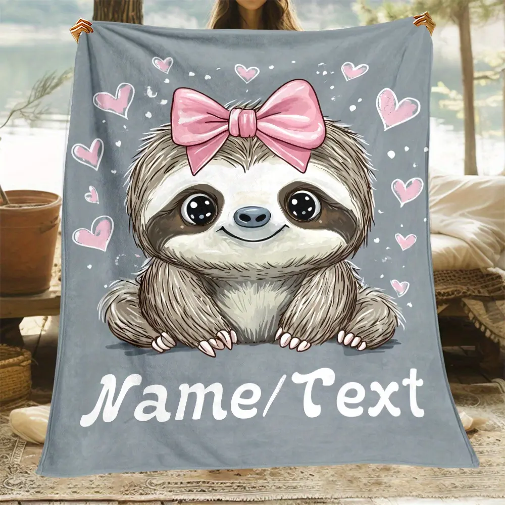Customized Smiling Sloth Polyester Fleece Blanket - 1pc Personalized Throw, Lightweight, Warm, Soft, with Name/Text Space, for Sofa, Camping Travel (No Electricity or Feathers Needed)