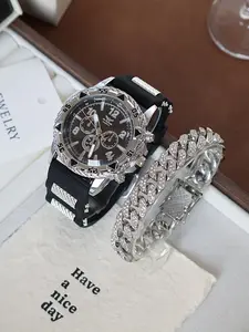 Men's Luxury Quartz Watch Set, Sport Timer Watch and Cuban Chain Bracelet Set, Silicone Strap, Rhinestone Hip Hop Jewelry