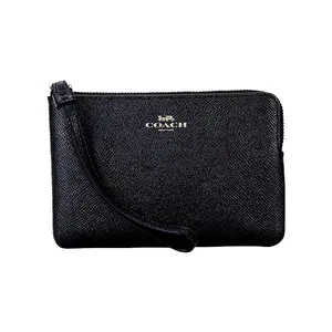 COACH Corner Zip 16 Crossgrain Leather Mini Wallet Wristlet for Women in Black